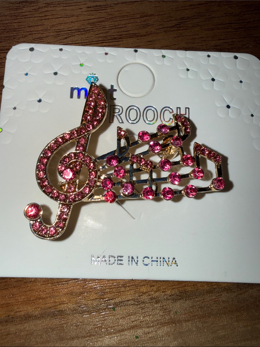 Gold-Tone Pink Crystal Treble Clef & Notes Brooch
